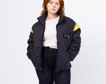 Vintage 70s 80s Roffe Down Feather Puffer Ski Jacket - Large | Distressed Navy Blue Primary Color Block Puffy Winter Coat