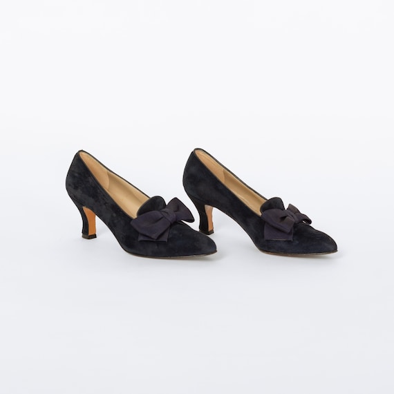 Vintage Ferragamo 90s Navy Blue Suede Bow Pumps - Size 5 | Designer French Louis Kitten Heels