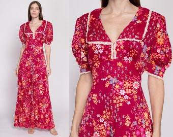 Large 70s Raspberry Red Floral Puff Sleeve Prairie Maxi Dress | Vintage Lace Trim Boho Hippie Formal Gown