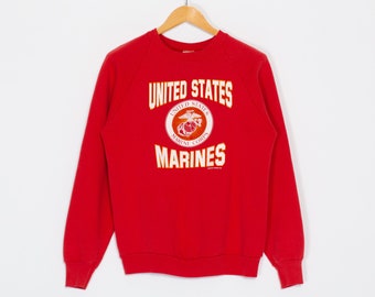 Medium 80s US Marine Corps Raglan Sweatshirt | Vintage USMC Red Military Graphic Crewneck Pullover