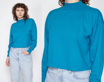 XL 80s Blue Mockneck Cropped Long Sleeve Tee | Vintage Plain High Neck Crop Top