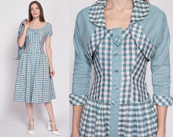 1940s Blue Gingham Midi Dress & Bolero Jacket Small | Vintage 40s 50s Fit Flare Matching Two Piece Set