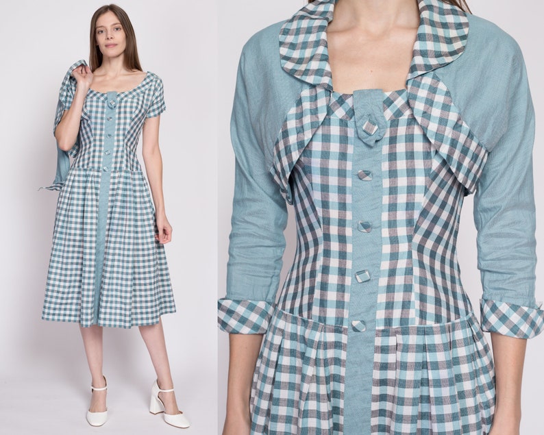 1940s Blue Gingham Midi Dress & Bolero Jacket Small Vintage 40s 50s Fit Flare Matching Two Piece Set image 1