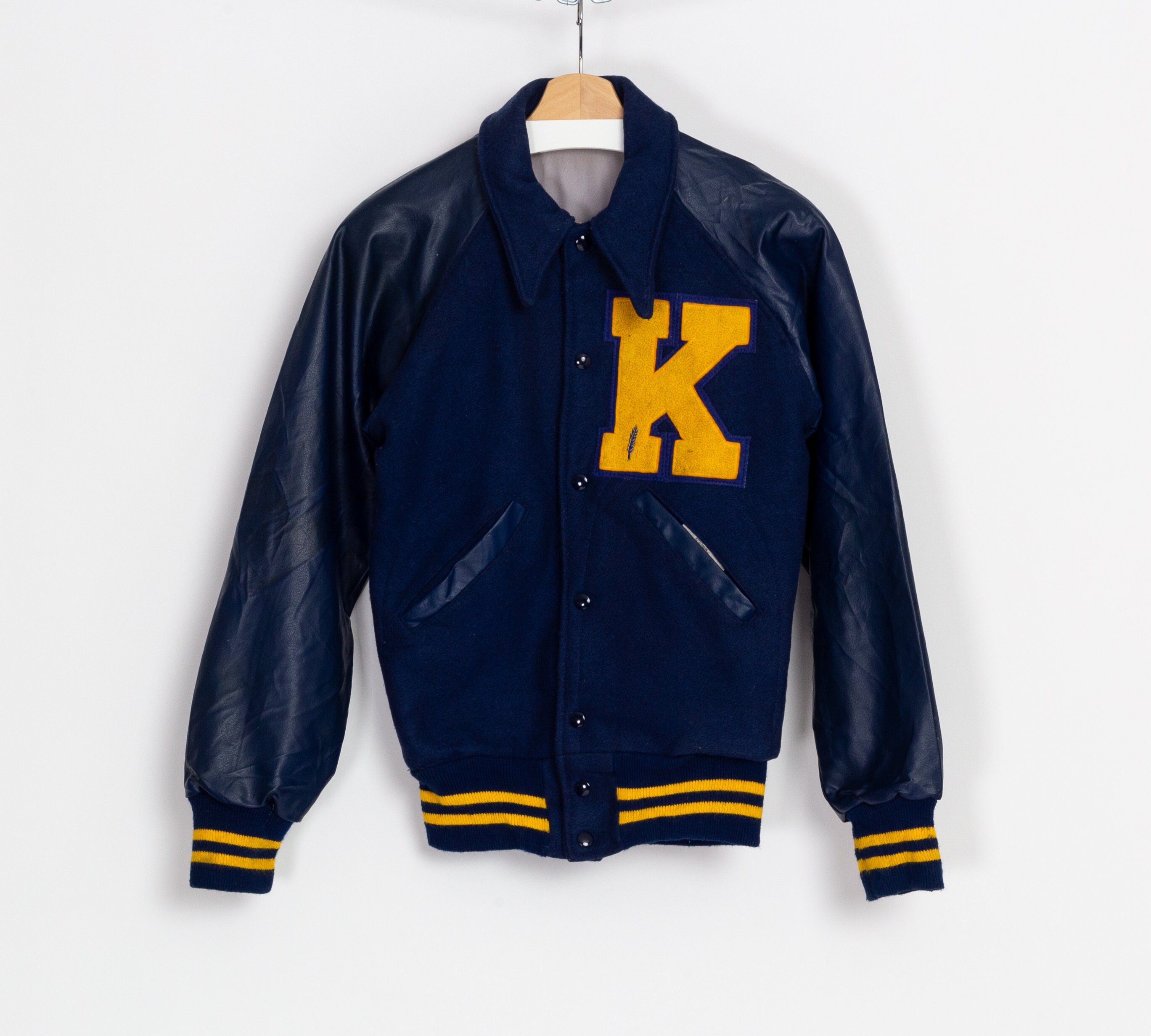 70s Varsity Letterman Jacket - Men's XS, Women's Small | Vintage Blue Wool Striped Trim Vinyl Sleeve Coat
