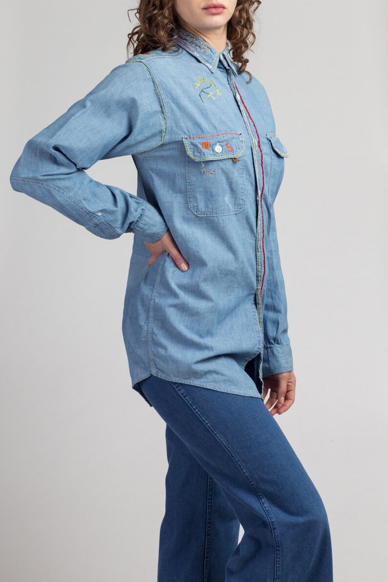 70s Chambray Embroidered Souvenir Shirt Vintage Unisex Button Up Western Style Retro Top Medium to Large