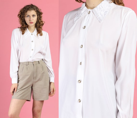 80s White Embroidered Collar Blouse - Large | Vint