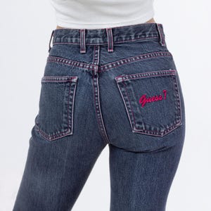 Vintage 90s Guess Mid Rise Pink Stitch Logo Jeans - XXS | Dark Wash Denim Y2K Skinny Jeans, 2000s Streetwear Jeans
