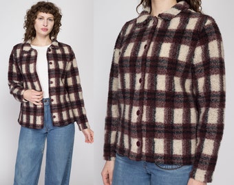Medium 90s Plaid Fleece Button Up Sweater | Vintage Soft Sweatshirt Cardigan Jacket