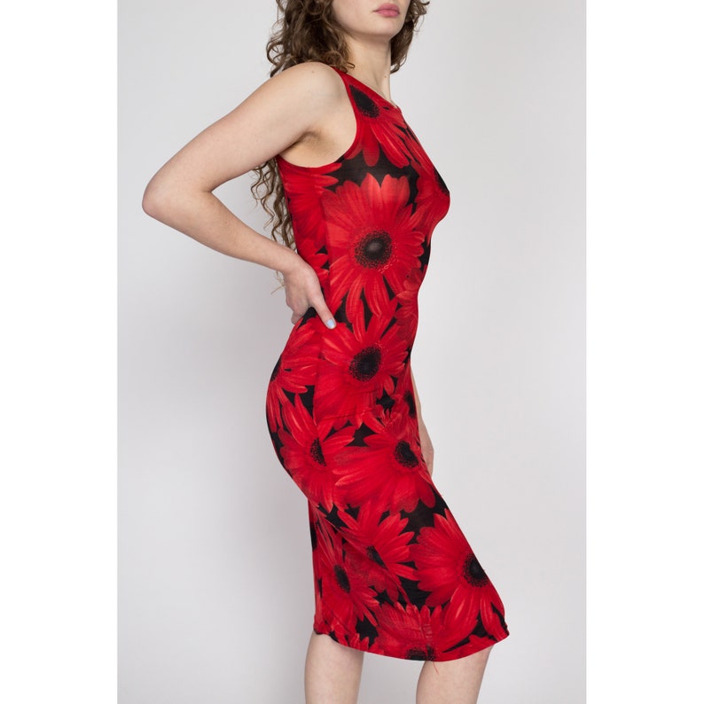 Small 90s Red Daisy Floral Tank Dress Vintage Slinky Sleeveless Midi Party Dress image 4