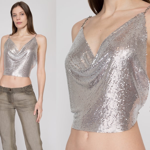 XS-Med 90s Silver Chainmail Backless Crop Top | Vintage Chain Metal Mesh Cowl Halter Neck Club Top