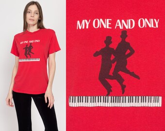 Medium 80s "My One And Only" Broadway Musical T Shirt | Vintage George Gershwin Jazz Piano Red Graphic Tee