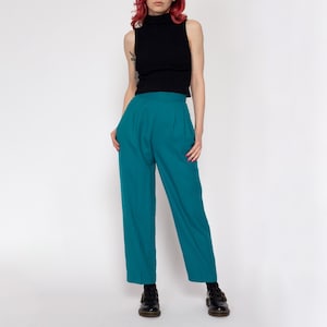 Petite XS 80s Teal High Waisted Trousers 23” | Vintage Pleated Relaxed Fit Tapered Leg Pants