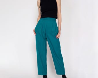 80s Teal High Waisted Trousers - Petite XS, 23” | Vintage Pleated Relaxed Fit Tapered Leg Pants