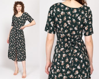 Medium 90s Green Floral Tie Back Midi Dress | Vintage Button Front Short Sleeve Boho Grunge Sundress