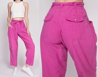 Medium 80s Fuschia Cotton High Waisted Pants 27.75" | Vintage Tapered Leg Casual Drawstring Waist Streetwear Trousers