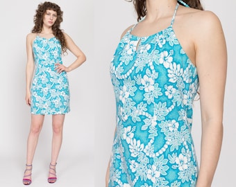 Large 90s Blue & White Floral Halter Mini Dress | Vintage Sleeveless Boho Keyhole Sundress