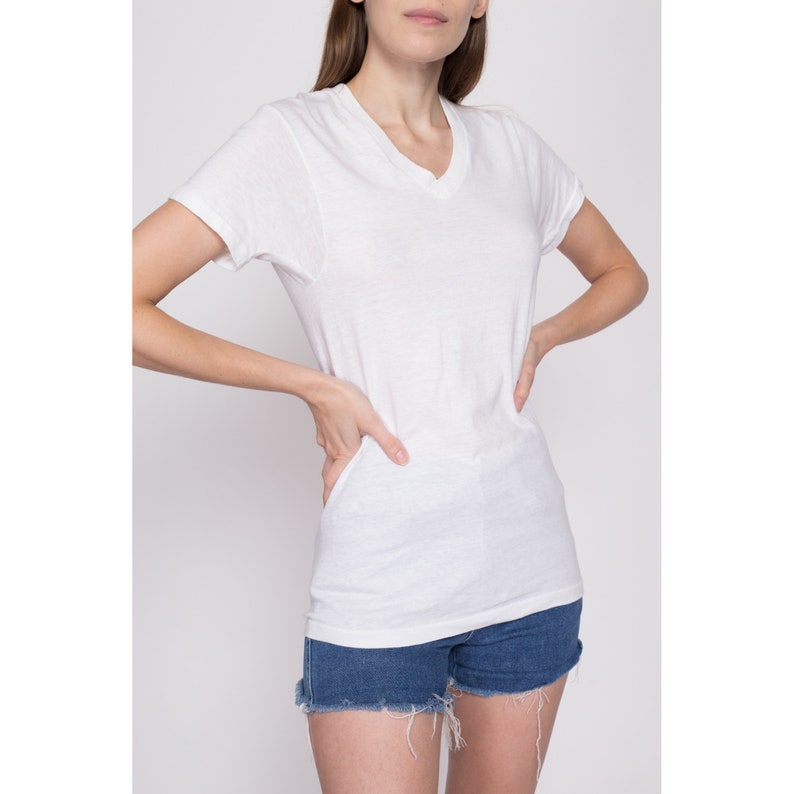 Small 80s Calvin Klein Blank White T Shirt Unisex Vintage Single Stitch Plain V Neck Tee Threadbare Undershirt image 3