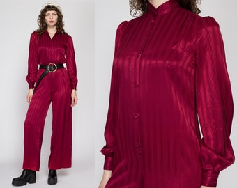 Small 70s Maroon Striped Satin Jumpsuit | Vintage Jeannene Booher Lord & Taylor Button Up Long Sleeve Collared Loungewear Outfit