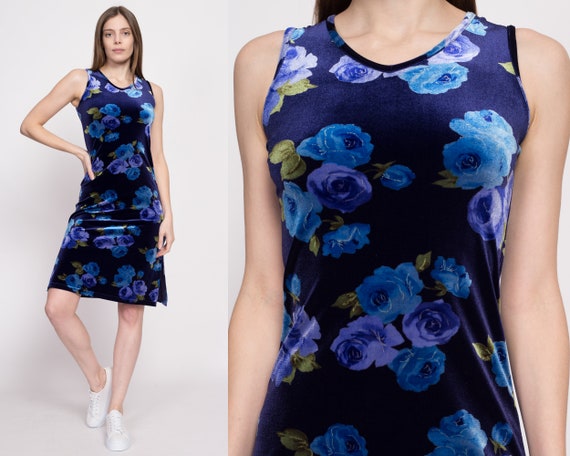 90s Y2K Blue Floral Velvet Dress Extra Small | Vi… - image 1