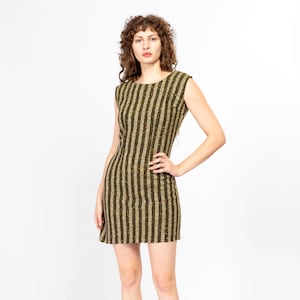 Petite Medium 60s 70s Green Striped Woven Mini Dress | Vintage Rainbow Flecked Knit Mod Sleeveless Sheath Dress