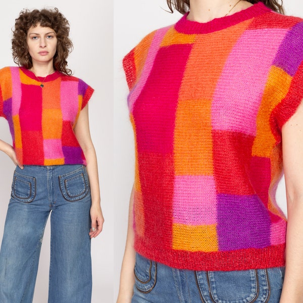 Medium 80s Jeanne Pierre Mohair Color Block Knit Top | Vintage Renée Toner Hot Pink Maximalist Cap Sleeve Sweater Shirt