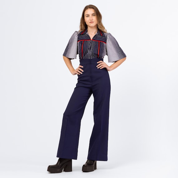 Vintage 70s Navy Blue Striped Disco Jumpsuit - Extra Small