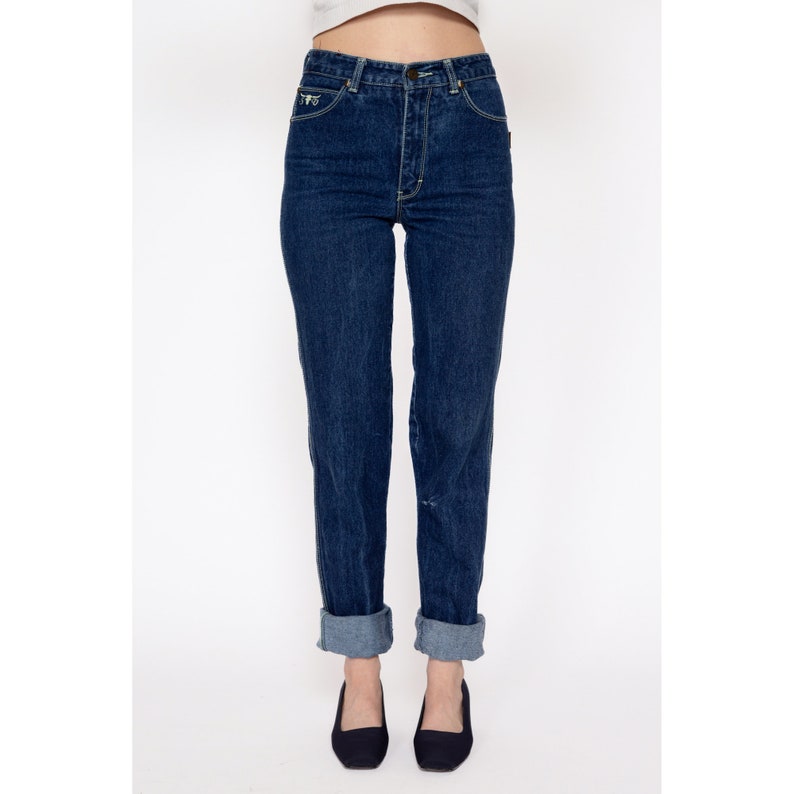 XXS 80s Sergio Valente Mid Rise Jeans Vintage Dark Wash Denim Tapered Leg Long Inseam Jeans image 3