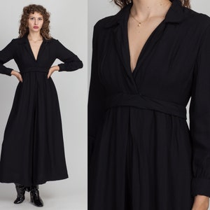 70s Black Palazzo Jumpsuit Deep V Plunging Neck Petite Small | Vintage One Piece Belted Minimalist Wide Leg Disco Pantsuit