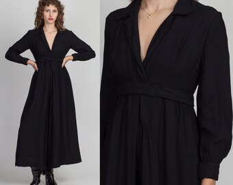 70s Black Palazzo Jumpsuit Deep V Plunging Neck Petite Small | Vintage One Piece Belted Minimalist Wide Leg Disco Pantsuit