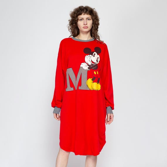 1X 80s Mickey Mouse Red Sweatshirt Dress | Vintage Disney Cartoon Oversize  Graphic Pajama Sleep Shirt - Etsy