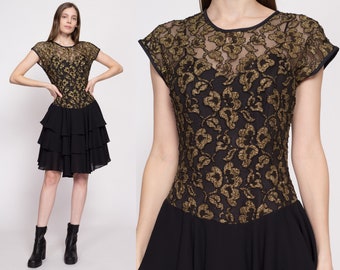 80s Black & Gold Party Dress Medium | Vintage Shiny Mylar Floral Tiered Skirt Fit Flare Mini Dress
