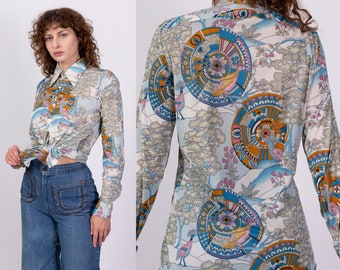 70s Psychedelic Bird Print Disco Shirt Men's Medium | Vintage Long Sleeve Collared Button Up Novelty Shirt