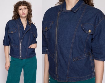 80s Marithe Francois Girbaud Denim Jacket Small | Vintage Oversize Half Sleeve Asymmetrical Zip Up Jacket