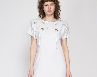 80s White Western Concho T-Shirt Dress - Medium | Vintage Tassel Trim Studded Midi Dress