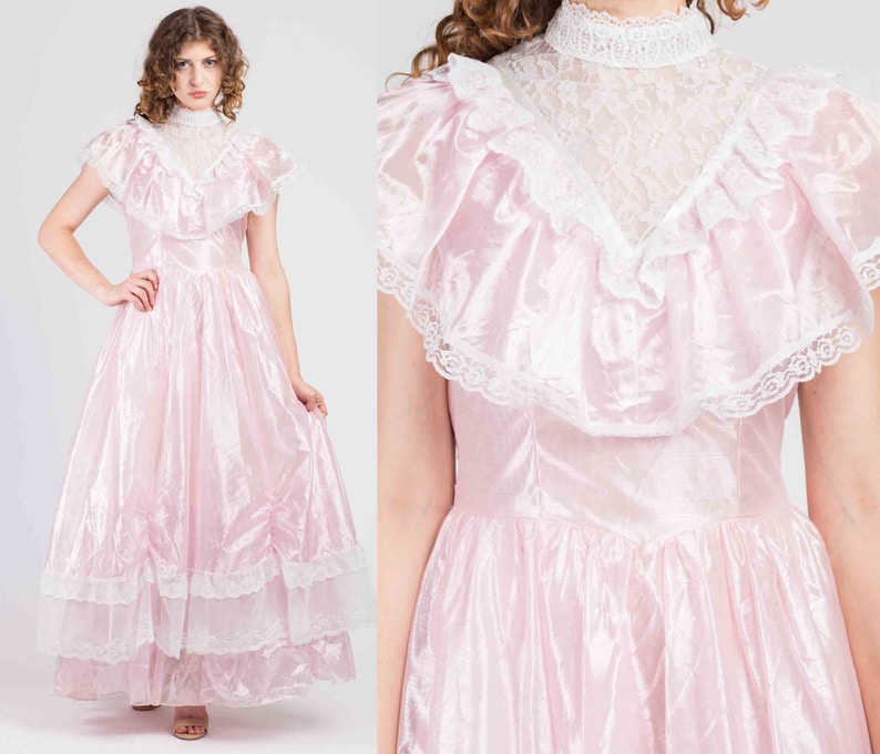 70s Precious Moments Pink Lace Princess Gown Medium Vintage Tiered Ruffle Formal Victorian Maxi Floor Length Dress