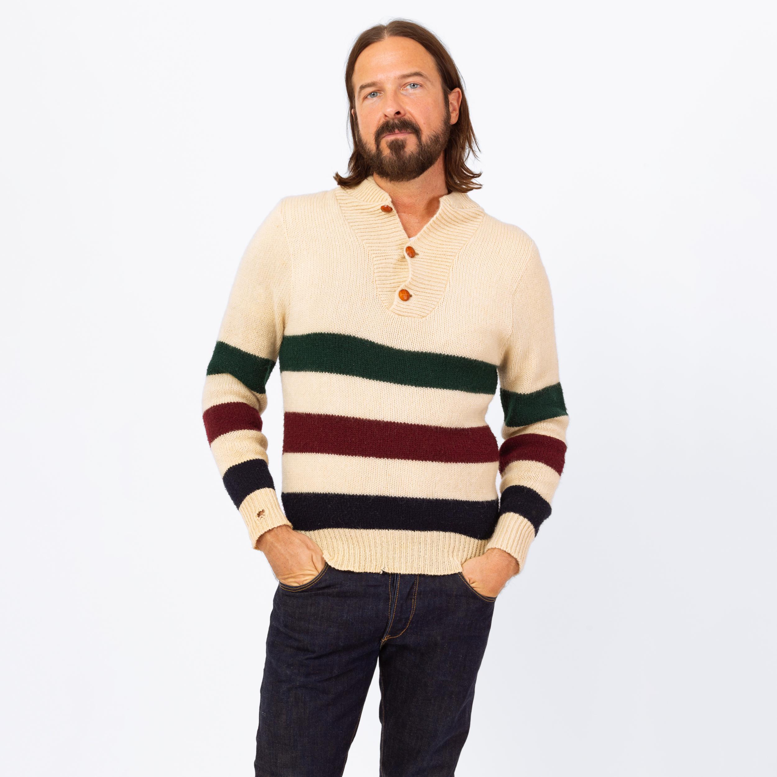 Vintage 70s Striped Knit Henley Sweater - Small | Button up Long