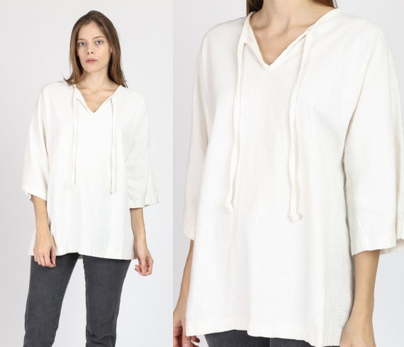 Boho Top Festival Blouse 70s Hippie Shirt Boho Cotton Gauze Bohemian 1970s Long Sleeve Medium Sheer White Tunic Top