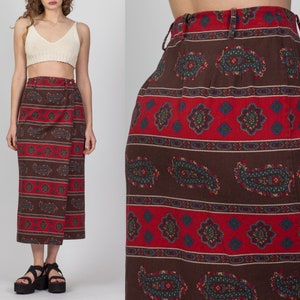 90s Striped Paisley Print Wrap Skirt Small, 26" | Vintage Boho Red & Brown High Waist Midi