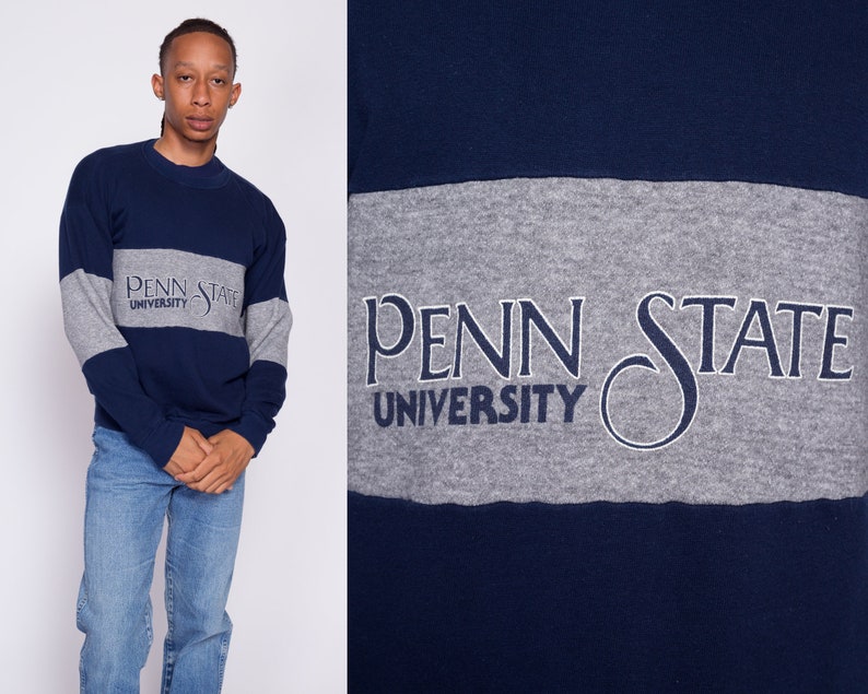 Large 80s Penn State University Sweatshirt Vintage Navy Blue Color Block Striped Collegiate Pullover image 1