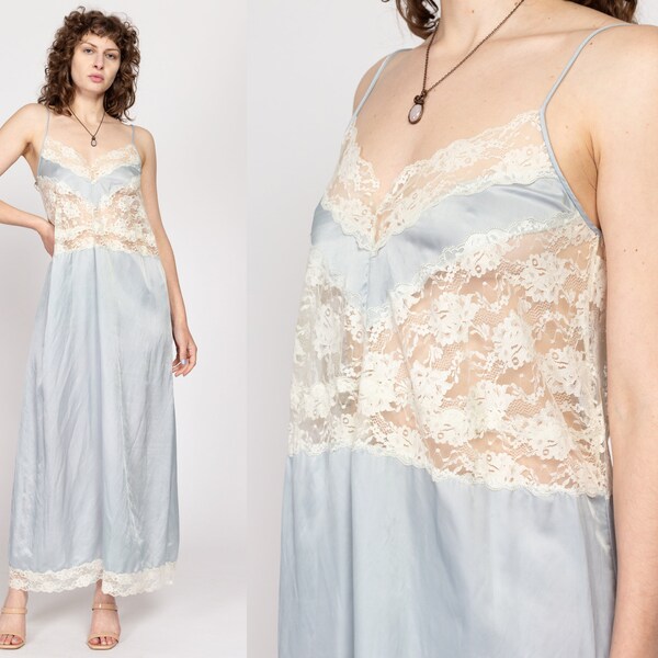 Pequeño camisón maxi de encaje azul y blanco de los años 70 / vestido de lencería vintage con ribete transparente