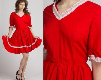 Med-Lrg 70s Red Ruffle Square Dance Dress | Vintage White Lace Rockabilly Western Mini Dress