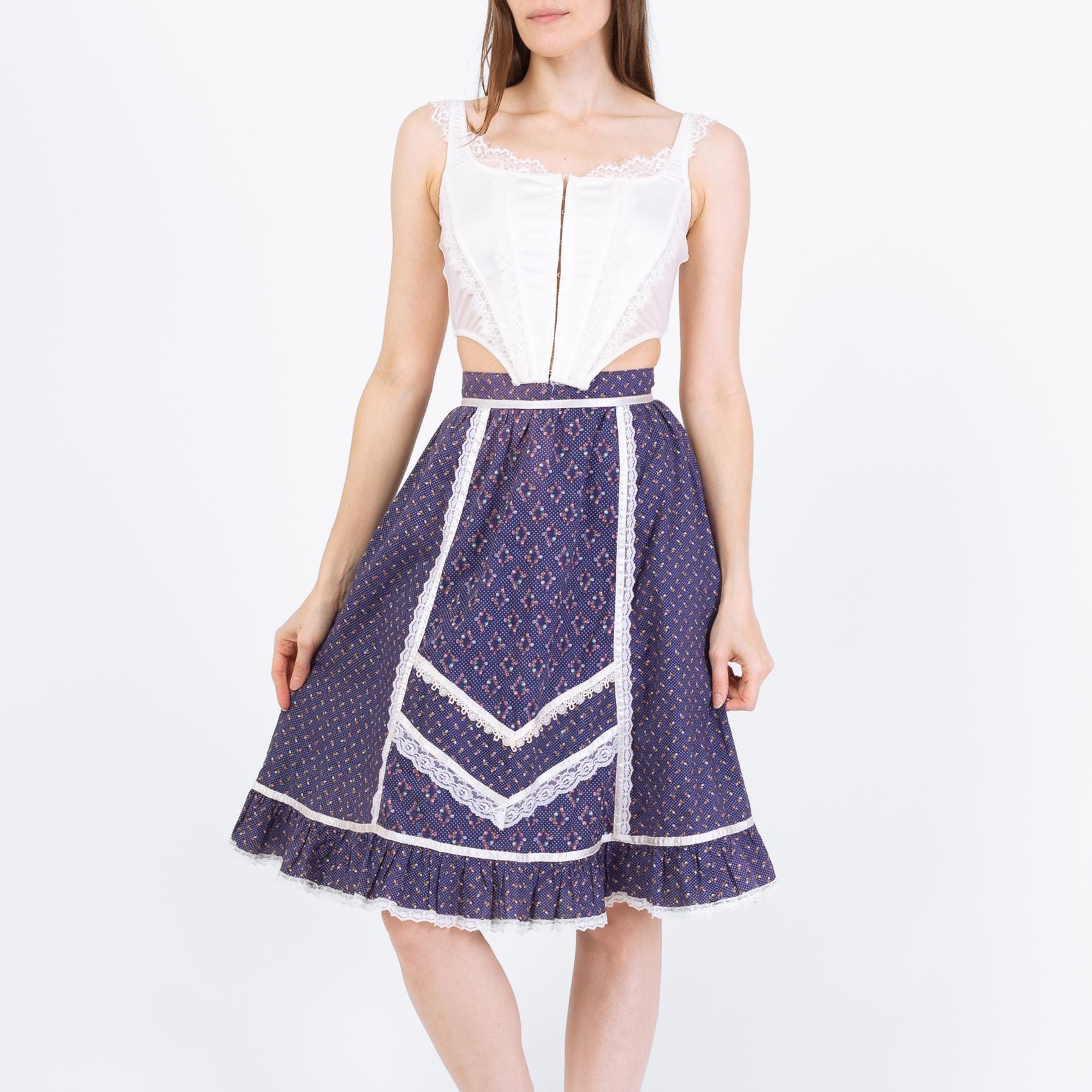 70s vintage gunne sax デニム×キルト スカート　Q267 Vintage 70s Gunne Sax Blue Calico Floral Prairie Skirt - Extra
