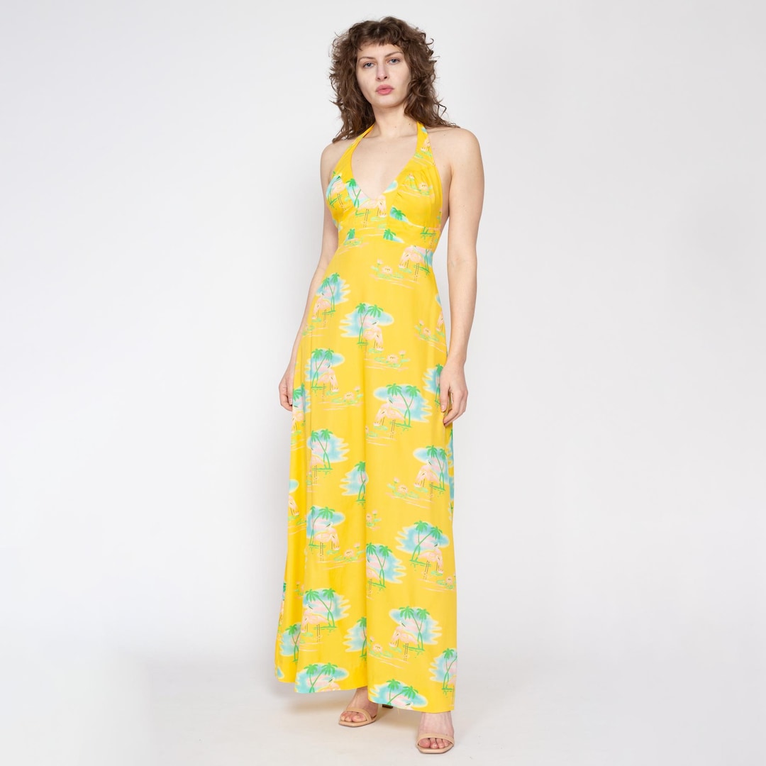 Medium 70s Yellow Flamingo & Palm Tree Print Halter Maxi Dress ...