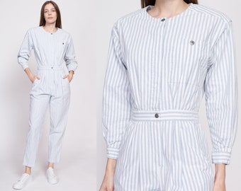Small 80s Eddie Bauer White & Blue Striped Jumpsuit Small | Vintage Cotton Fitted Waist Button Up Coveralls