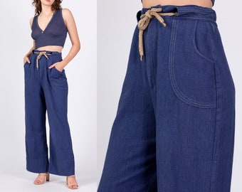 Large 70s Straight Leg Chambray Trousers 30.5" | Vintage High Waisted Drawstring Blue Flared Pants