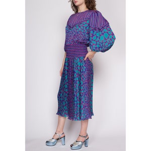 Small 80s Susan Freis Boho Designer Dress Vintage Purple Blue Georgette Balloon Sleeve Striped Midi Dress image 4