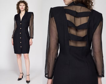 Medium 80s Black Sheer Sleeve Secretary Dress | Vintage Button Front Long Sleeve Knee Length Sheath Dress