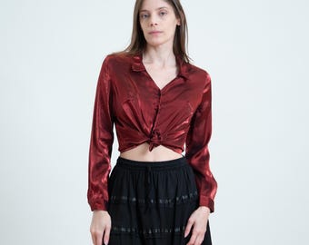 Vintage 90s Blood Red Metallic Satin Blouse - Petite Medium | Button Up Long Sleeve Collared Shirt