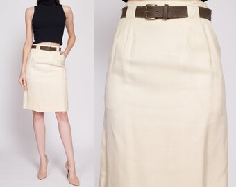 70s 80s Evan Picone Belted Skirt Extra Small, 24.5" | Vintage Cream Secretary A Line Mini Skirt