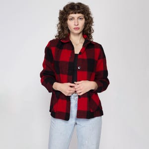 Petite Medium 60s 70s Buffalo Plaid Wool Jacket | Vintage Black & Red Button Up Lumberjack Overshirt Shacket